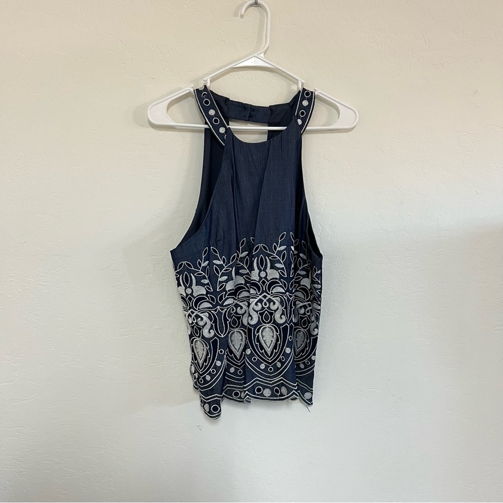 J.O.A sleeveless blue/white embroidered halter top